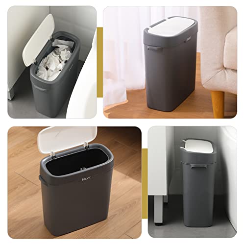 LIFKOME Bathroom Trash Can with Lid 10L Slim Press Type Lid Slim Narrow Bedroom Garbage Can Household Bin Trash Can for Bedroom Living Room Kitchen Toilet Office (Nomal Press Type, Grey White)