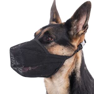 dog muzzle, soft mesh muzzle for small medium large dogs, adjustable puppy muzzles for scavenging biting licking and chewing, allows panting and drinking (black, l-(snout:10¼"-12¼"))