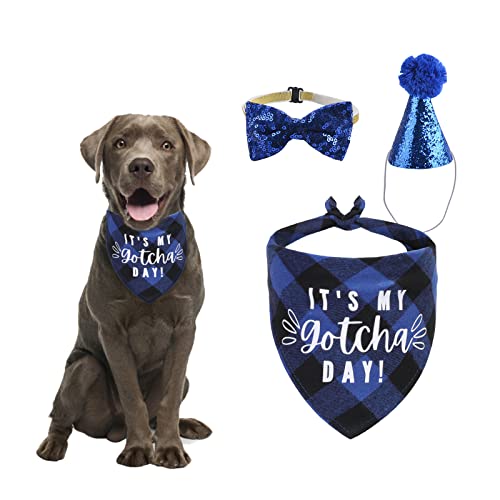 HACRAHO Dog Birthday Bandana Hat Bow Tie Set, 3 Pieces My Gotcha Day Plaid Dog Bandana Dog Triangle Bibs Scarf Bowtie Collar with Cone Dog Birthday Hat for Dog Birthday Party, Blue