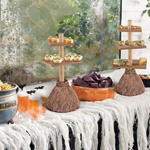 Halloween Broom Wooden 3 Tier Tray Cupcake Server Kitchen Farmhouse Rustic Tiered Tray Decor for Home Table House Room