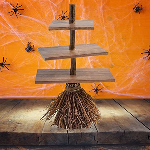 Halloween Broom Wooden 3 Tier Tray Cupcake Server Kitchen Farmhouse Rustic Tiered Tray Decor for Home Table House Room