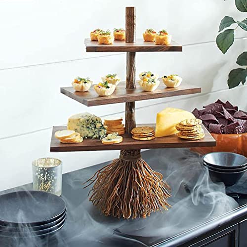 Halloween Broom Wooden 3 Tier Tray Cupcake Server Kitchen Farmhouse Rustic Tiered Tray Decor for Home Table House Room