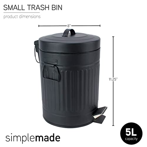 SIMPLEMADE Round Step Trash Can, Stainless Steel with Lid, Small Metal Wastebasket / Garbage Can For Bathroom, Office, Black, 5 Liter / 1.3 Gallon -