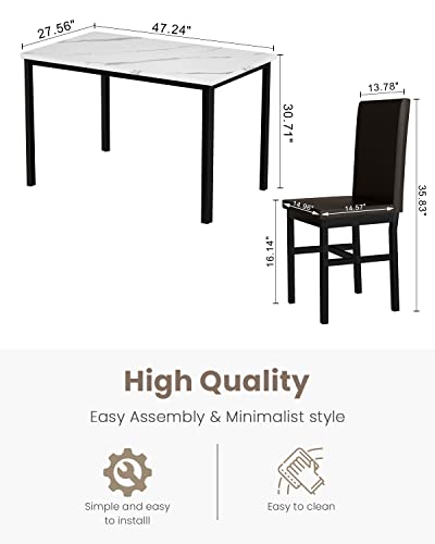 Recaceik Dining Table Set for 4, Kitchen Table and Chairs Set with Faux Marble Tabletop & 4 Leather Upholstered Chairs for Kitchen Dining Room, Compact Space, Dinette Set, White+Brown