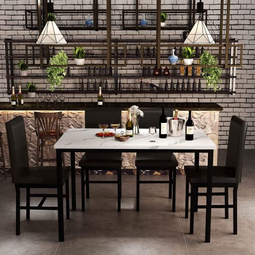 Recaceik Dining Table Set for 4, Kitchen Table and Chairs Set with Faux Marble Tabletop & 4 Leather Upholstered Chairs for Kitchen Dining Room, Compact Space, Dinette Set, White+Brown