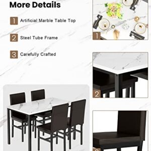 Recaceik Dining Table Set for 4, Kitchen Table and Chairs Set with Faux Marble Tabletop & 4 Leather Upholstered Chairs for Kitchen Dining Room, Compact Space, Dinette Set, White+Brown