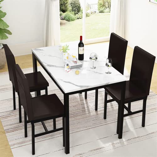 Recaceik Dining Table Set for 4, Kitchen Table and Chairs Set with Faux Marble Tabletop & 4 Leather Upholstered Chairs for Kitchen Dining Room, Compact Space, Dinette Set, White+Brown