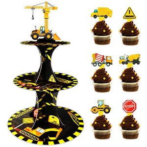 construction birthday cupcake stand with 24pcs cupcake toppers for construction themed zone party decorations 3 tire dump truck car cupcake dessert holder for construction baby shower party supplies