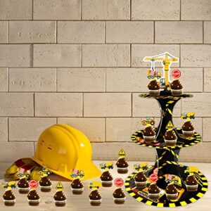 Construction Birthday Cupcake Stand with 24pcs Cupcake Toppers for Construction Themed Zone Party Decorations 3 Tire Dump Truck Car Cupcake Dessert Holder for Construction Baby Shower Party Supplies