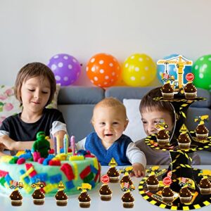 Construction Birthday Cupcake Stand with 24pcs Cupcake Toppers for Construction Themed Zone Party Decorations 3 Tire Dump Truck Car Cupcake Dessert Holder for Construction Baby Shower Party Supplies
