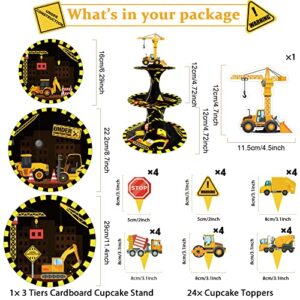 Construction Birthday Cupcake Stand with 24pcs Cupcake Toppers for Construction Themed Zone Party Decorations 3 Tire Dump Truck Car Cupcake Dessert Holder for Construction Baby Shower Party Supplies