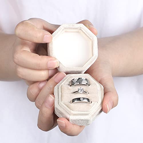 WantGor Velvet Ring Box, 3 Slots Jewelry Ring Gift Box Vintage Ring Display Holder Case for Wedding Ceremony Proposal Engagement (Beige)