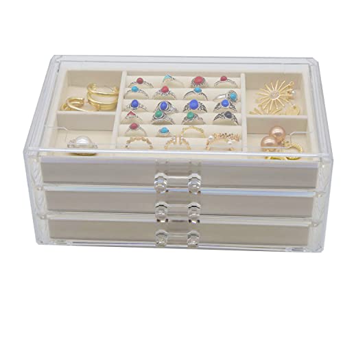 DQUTAR Acrylic Jewelry Organizer with 3 Drawers, Velvet Clear Jewelry Box for Earring Necklace Ring & Bracelet Display Storage Case for Women Girls