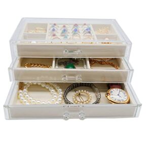 DQUTAR Acrylic Jewelry Organizer with 3 Drawers, Velvet Clear Jewelry Box for Earring Necklace Ring & Bracelet Display Storage Case for Women Girls
