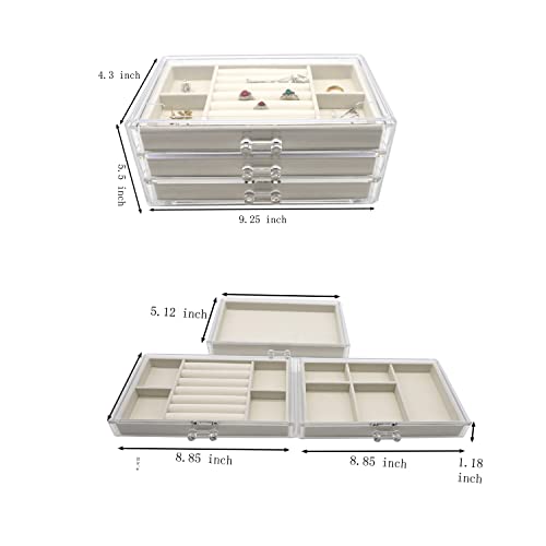 DQUTAR Acrylic Jewelry Organizer with 3 Drawers, Velvet Clear Jewelry Box for Earring Necklace Ring & Bracelet Display Storage Case for Women Girls