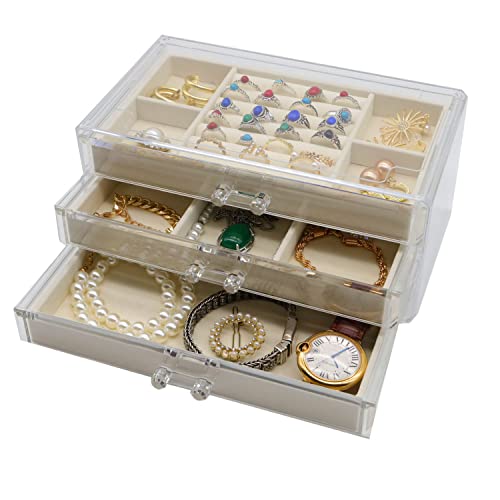 DQUTAR Acrylic Jewelry Organizer with 3 Drawers, Velvet Clear Jewelry Box for Earring Necklace Ring & Bracelet Display Storage Case for Women Girls