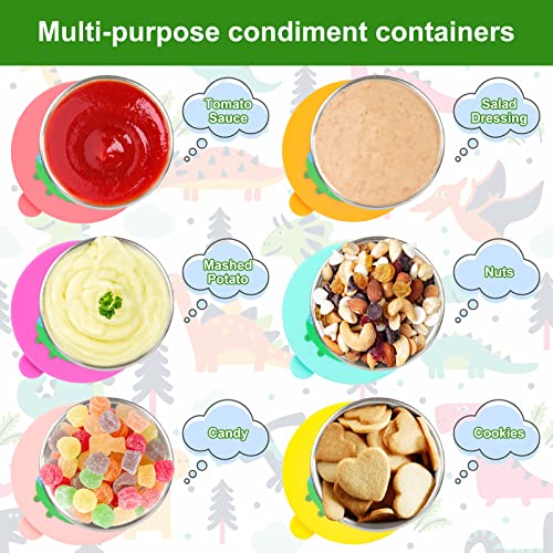 6PCS Kid Condiment Sauce Containers, 1.9oz/55ml Salad Dressing Containers To Go, Reusable Ketchup Condiment Storage Container and Silicone Lid Bento Box Accessories for Lunch Box Picnic(Dinosaur)