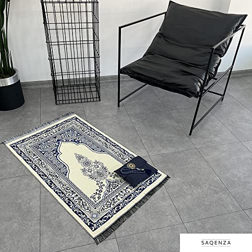 SAQENZA Muslim Prayer Rug - Prayer Mat with Travel Bag, Prayer Beads - Muslim Gifts - Ramadan Gifts for Men, Women and Kids - Islamic Gifts (Darkblue-2)