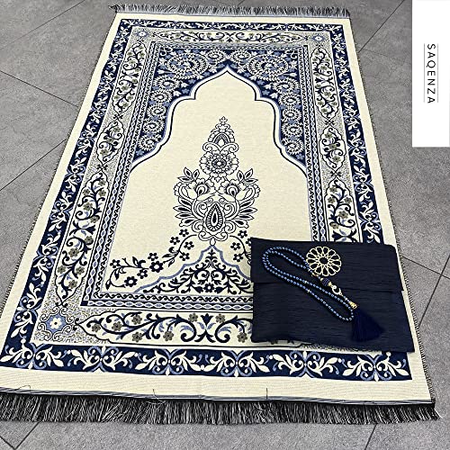 SAQENZA Muslim Prayer Rug - Prayer Mat with Travel Bag, Prayer Beads - Muslim Gifts - Ramadan Gifts for Men, Women and Kids - Islamic Gifts (Darkblue-2)