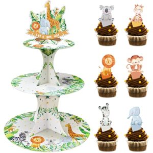 baby jungle safari birthday cupcake stand with 24pcs cupcake toppers for safari animals theme party decorations 3 tire jungle theme cupcake dessert holder for forest wild one baby shower