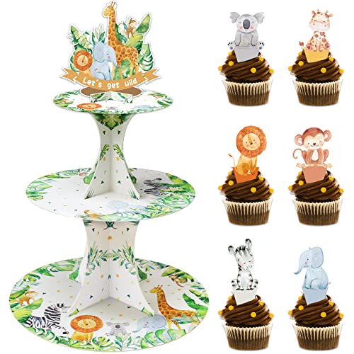 Baby Jungle Safari Birthday Cupcake Stand with 24pcs Cupcake Toppers for Safari Animals Theme Party Decorations 3 Tire Jungle Theme Cupcake Dessert Holder for Forest Wild One Baby Shower