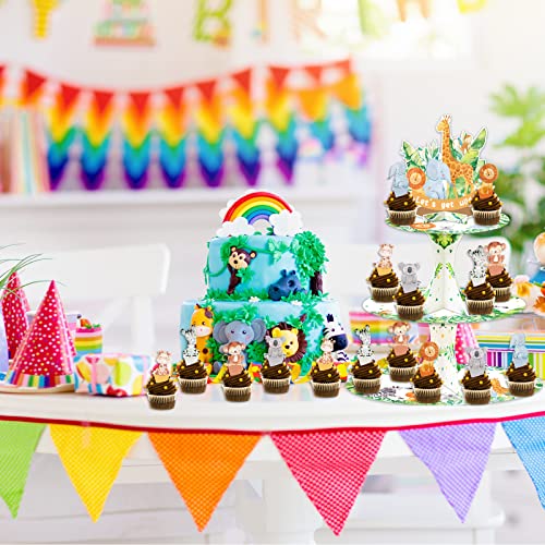 Baby Jungle Safari Birthday Cupcake Stand with 24pcs Cupcake Toppers for Safari Animals Theme Party Decorations 3 Tire Jungle Theme Cupcake Dessert Holder for Forest Wild One Baby Shower