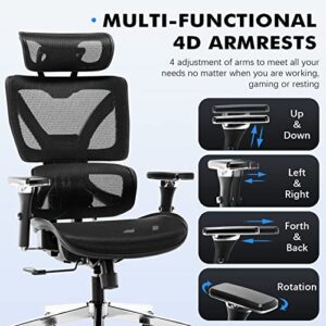 Multifunctional Big and Tall Mesh Office Chair - Adjustable Backrest Height, 4D Arms, Lumbar Support, Headrest and Tilt Angle - Metal Base Quiet Rubber Wheels Ergonomic High Back Computer Desk Chair