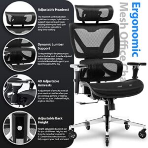 Multifunctional Big and Tall Mesh Office Chair - Adjustable Backrest Height, 4D Arms, Lumbar Support, Headrest and Tilt Angle - Metal Base Quiet Rubber Wheels Ergonomic High Back Computer Desk Chair