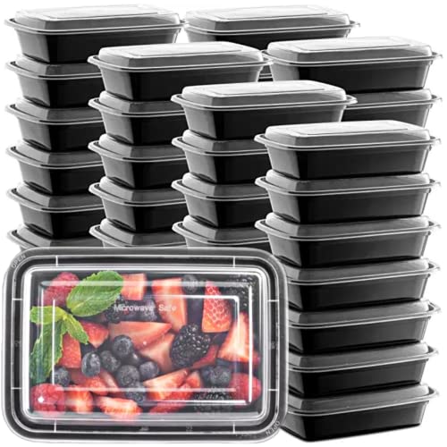 Glownary Meal Prep Food Containers with Lids, Bento Boxes, Food Storage Containers (28 oz. - Black, 50 Count. - Plastic)