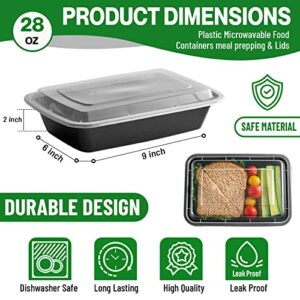 Glownary Meal Prep Food Containers with Lids, Bento Boxes, Food Storage Containers (28 oz. - Black, 50 Count. - Plastic)