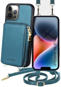 motive for iphone 14 plus wallet case designed in new york, crossbody phone case for apple iphone, zipper purse case wallet with rfid blocking card holder | 6.7" color blue teal - fancy series