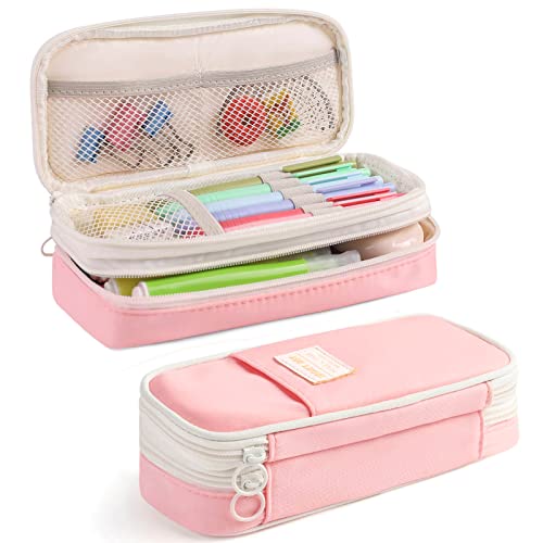 Honfersm Pencil Case Large Capacity Pen Pouch Cute and Roomy Pens Holder Stationery Organizer Bag Office Supplies Gifts for Teachers,Men and Women - Light Pink