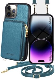 motive for iphone 14 pro max wallet case designed in new york, crossbody phone case for apple iphone 14 zipper purse case wallet with rfid blocking card holder | 6.7" blue teal - fancy series