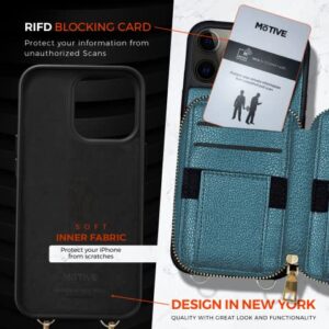 MOTIVE for iPhone 14 Pro Max Wallet Case Designed in New York, Crossbody Phone Case for Apple iPhone 14 Zipper Purse Case Wallet with RFID Blocking Card Holder | 6.7" Blue Teal - Fancy Series