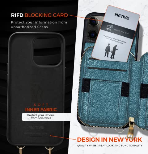 MOTIVE for iPhone 14 Pro Max Wallet Case Designed in New York, Crossbody Phone Case for Apple iPhone 14 Zipper Purse Case Wallet with RFID Blocking Card Holder | 6.7" Blue Teal - Fancy Series