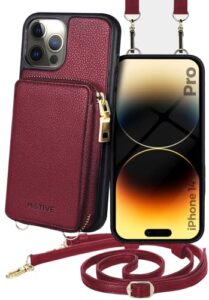 motive for iphone 14 pro wallet case, designed in new york, crossbody phone case for apple iphone, zipper purse case wallet with rfid blocking card holder | 6.1" color red wine - fancy series