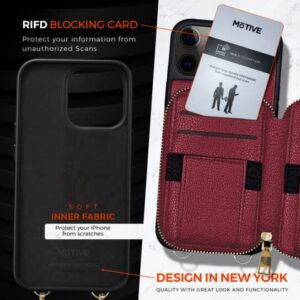 MOTIVE for iPhone 14 Pro Wallet Case, Designed in New York, Crossbody Phone Case for Apple iPhone, Zipper Purse Case Wallet with RFID Blocking Card Holder | 6.1" Color Red Wine - Fancy Series