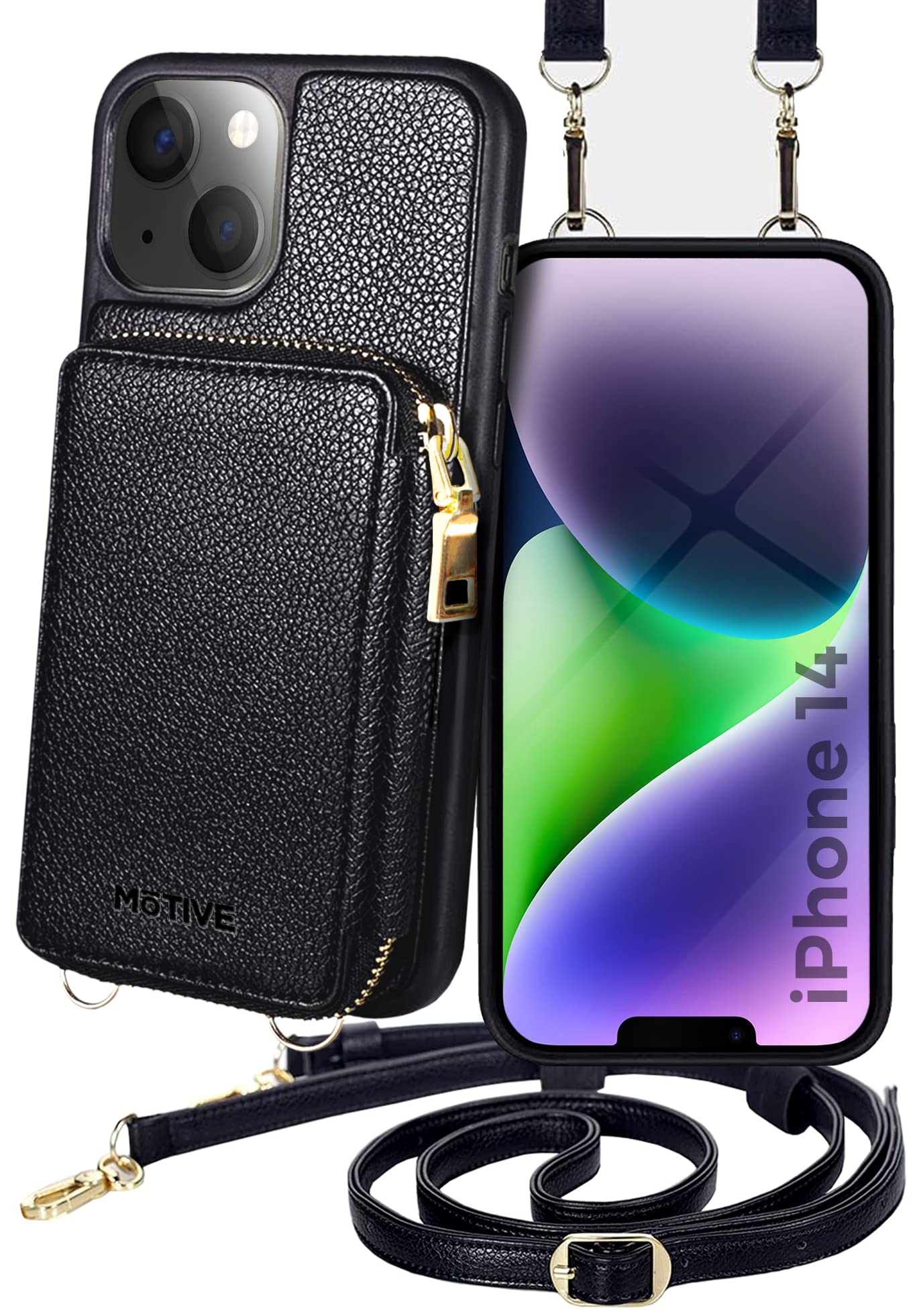 MOTIVE for iPhone 14 Wallet Case, Designed in New York, Crossbody Phone Case for Apple iPhone 14, Zipper Purse Case Wallet with RFID Blocking Card Holder | 6.1" Color Black - Fancy Series