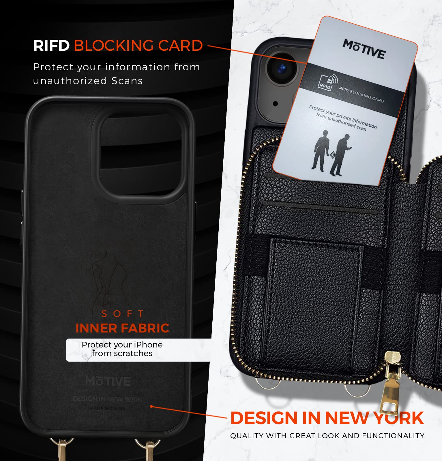 MOTIVE for iPhone 14 Wallet Case, Designed in New York, Crossbody Phone Case for Apple iPhone 14, Zipper Purse Case Wallet with RFID Blocking Card Holder | 6.1" Color Black - Fancy Series