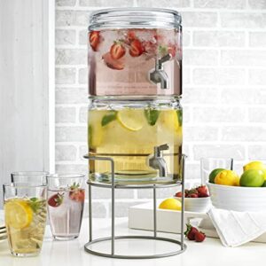 set of two (2) 1 gallon each stacked quality ice cold clear glass jug beverage dispensers with metal caddy display with easy fill spigot- great for outdoors, parties, bars & daily use