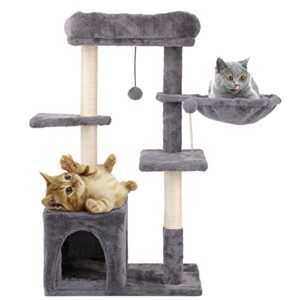 jieshun cat tree for indoor cats - cat tower with sisal cat scratch post, hammock, 2-door cave - multi-level cat condo with perches & pompom toys - cat furniture for kittens & adult felines - 33.5”