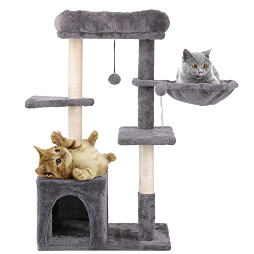 Jieshun Cat Tree for Indoor Cats - Cat Tower with Sisal Cat Scratch Post, Hammock, 2-Door Cave - Multi-Level Cat Condo with Perches & Pompom Toys - Cat Furniture for Kittens & Adult Felines - 33.5”