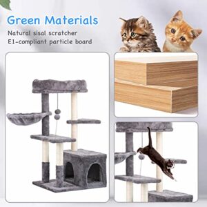 Jieshun Cat Tree for Indoor Cats - Cat Tower with Sisal Cat Scratch Post, Hammock, 2-Door Cave - Multi-Level Cat Condo with Perches & Pompom Toys - Cat Furniture for Kittens & Adult Felines - 33.5”