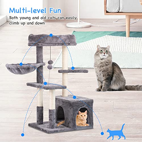 Jieshun Cat Tree for Indoor Cats - Cat Tower with Sisal Cat Scratch Post, Hammock, 2-Door Cave - Multi-Level Cat Condo with Perches & Pompom Toys - Cat Furniture for Kittens & Adult Felines - 33.5”