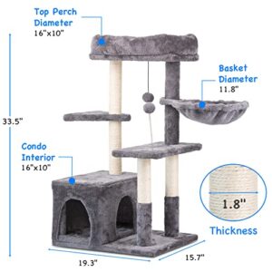 Jieshun Cat Tree for Indoor Cats - Cat Tower with Sisal Cat Scratch Post, Hammock, 2-Door Cave - Multi-Level Cat Condo with Perches & Pompom Toys - Cat Furniture for Kittens & Adult Felines - 33.5”