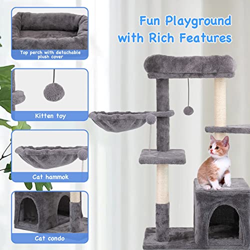 Jieshun Cat Tree for Indoor Cats - Cat Tower with Sisal Cat Scratch Post, Hammock, 2-Door Cave - Multi-Level Cat Condo with Perches & Pompom Toys - Cat Furniture for Kittens & Adult Felines - 33.5”