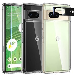 tauri [5 in 1 designed for google pixel 7 case clear, [not yellowing] with 2 tempered glass screen protector + 2 camera lens protector, [military grade drop protection] slim for pixel 7 phone case