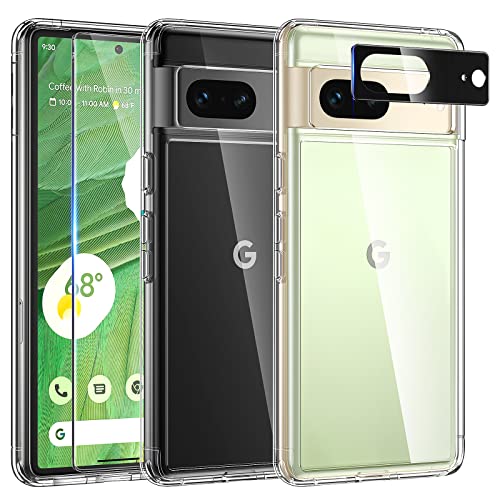 TAURI [5 in 1 Designed for Google Pixel 7 Case Clear, [Not Yellowing] with 2 Tempered Glass Screen Protector + 2 Camera Lens Protector, [Military Grade Drop Protection] Slim for Pixel 7 Phone Case