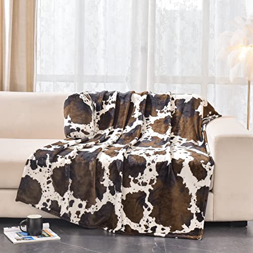 BNuitland Brown Cow Print Blanket with Cow Storage Pouch,300 GSM Double Sided Outdoor Lap Throw,Gift Blanket for Adults and Kids,Lightweight Fuzzy Decor Blanket,Super Soft Cozy Flannel Bed Throw