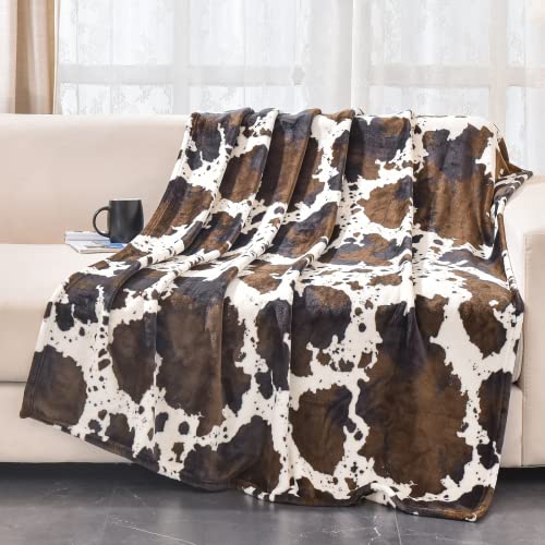 BNuitland Brown Cow Print Blanket with Cow Storage Pouch,300 GSM Double Sided Outdoor Lap Throw,Gift Blanket for Adults and Kids,Lightweight Fuzzy Decor Blanket,Super Soft Cozy Flannel Bed Throw